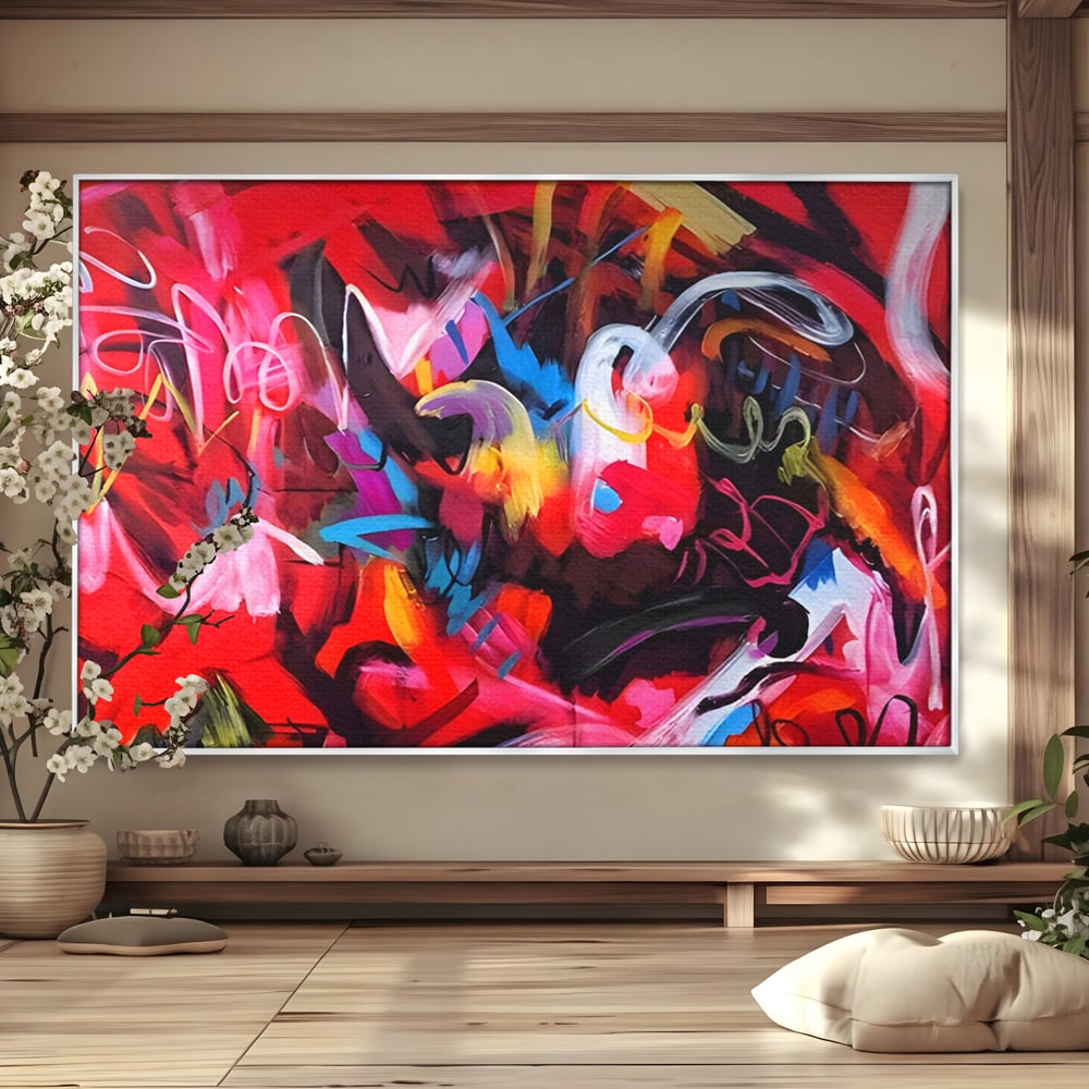 Tablou canvas cu tablou canvas cu graffiti rosu, in rama de aluminiu argintiu